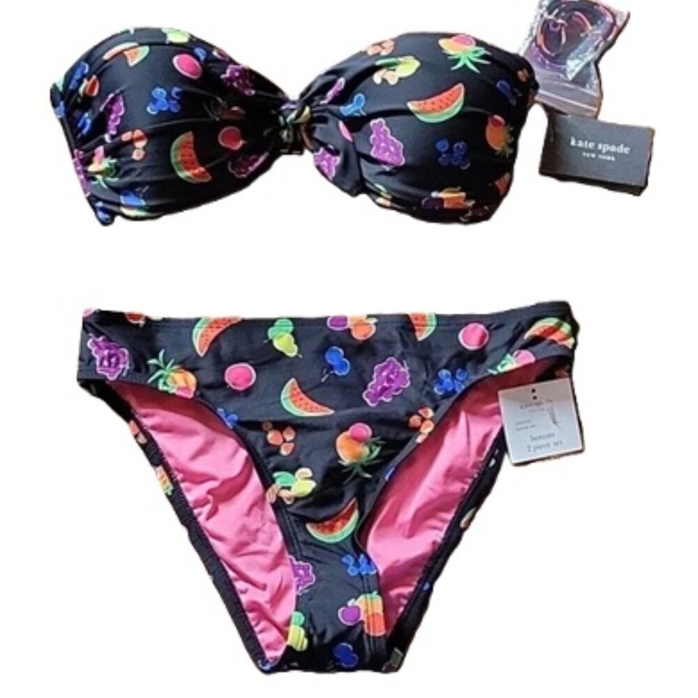NWT Kate Spade Women's Fruits Bandeau Ring Bikini Top & High  Cut Bottom  M